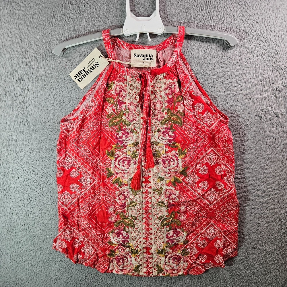 NEW Savanna Jane Tank Top Women Small Embroidered Tassle Floral White Red